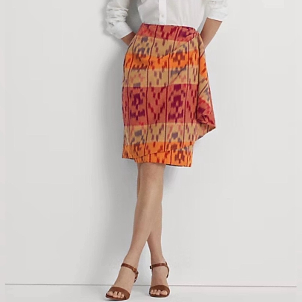 Ralph Lauren Wrap Skirt Womens 10 Orange Geo-Motif‎ Cotton-Linen Excellent Ikat